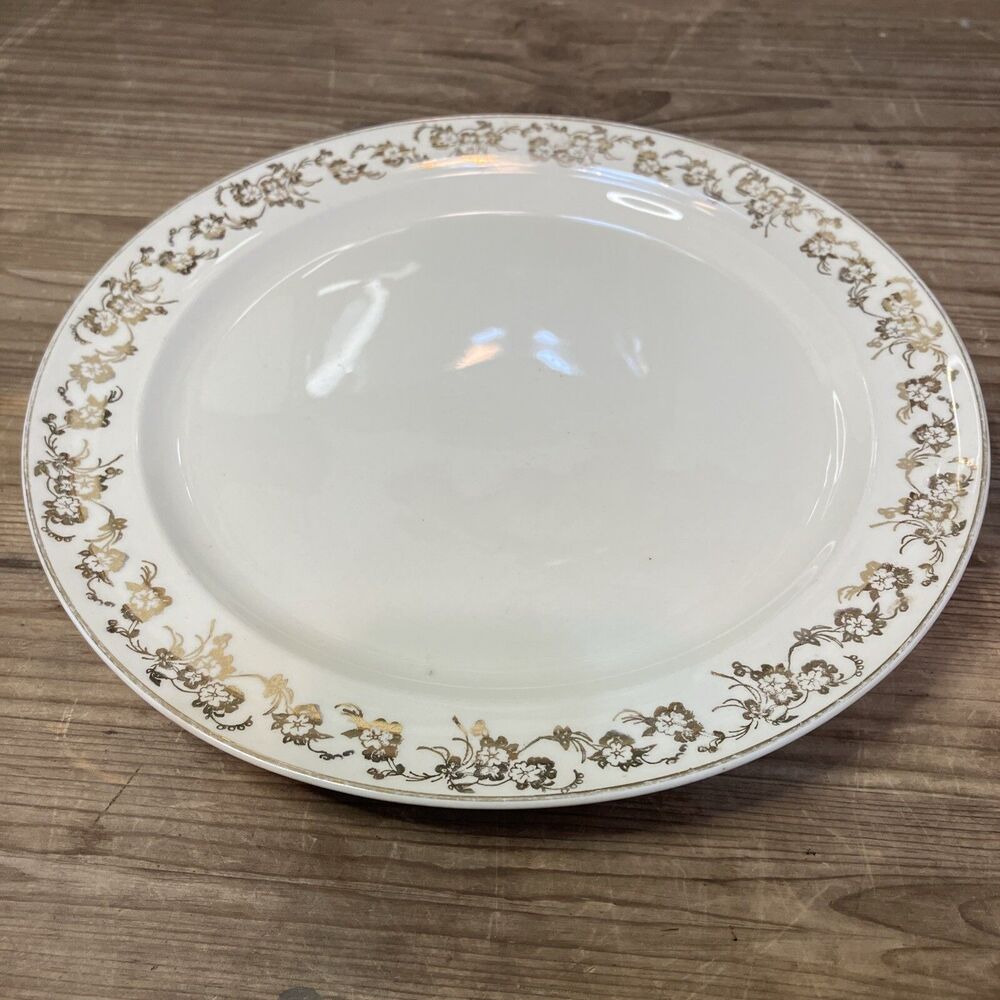 Vintage Mid Century Taylor Smith Taylor USA 10” Dinner Plate 461 Gold Floral Rim